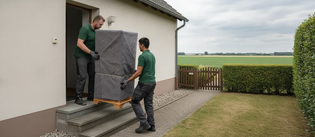 Zwei Umzugshelfer bringen einen mit Decken verpackten Schrank über die Eingangsstufen aus dem Haus