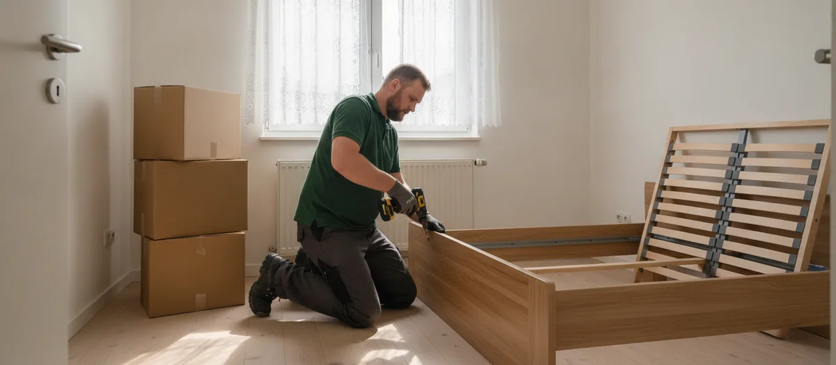 Umzugshelfer baut in einem hellen Zimmer ein Bettgestell auf, daneben stehen verschlossene Umzugskartons