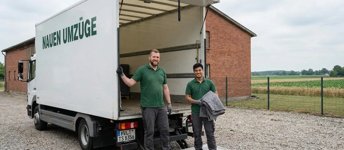 Zwei Umzugshelfer in waldgrüner Arbeitskleidung stehen vor dem geöffneten Heck ihres Umzugswagens