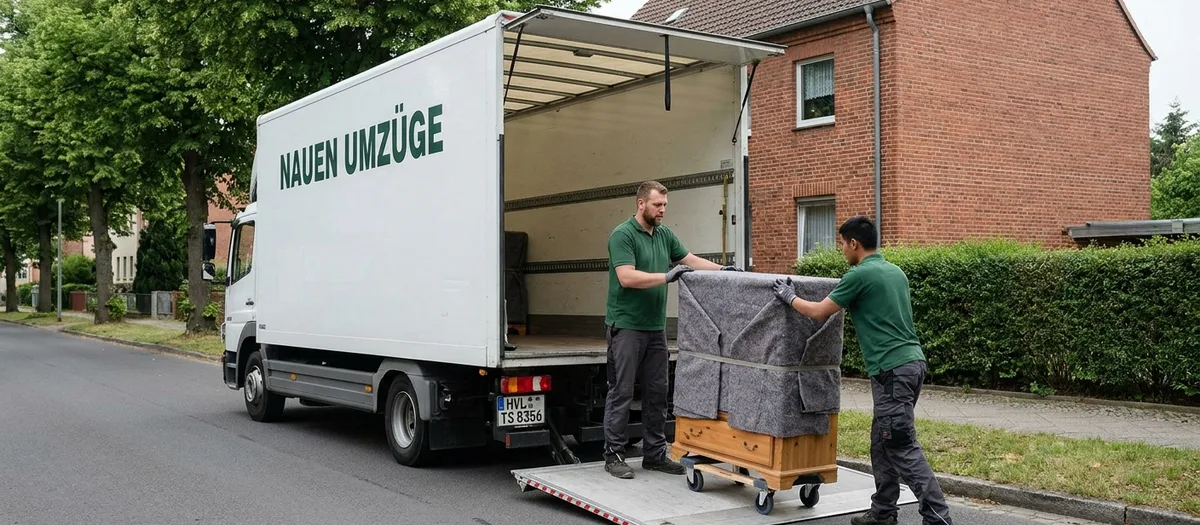 Umzugswagen mit geöffneter Ladebordwand vor einem Wohnhaus, zwei Träger schieben eine Kommode auf einem Rollbrett