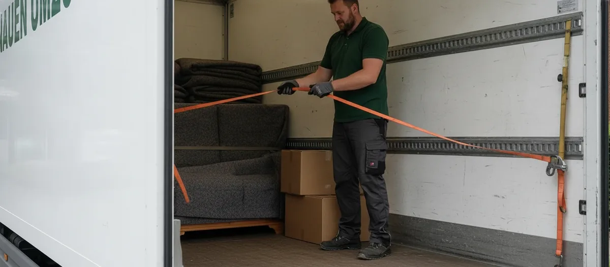 Umzugshelfer sichert die Ladung mit einem Spanngurt auf der Ladefläche des Umzugswagens