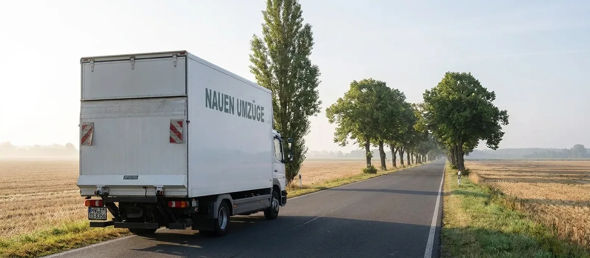 Beladener Umzugswagen mit geschlossener Ladebordwand auf einer Landstraße vor der Abfahrt zur Fernstrecke