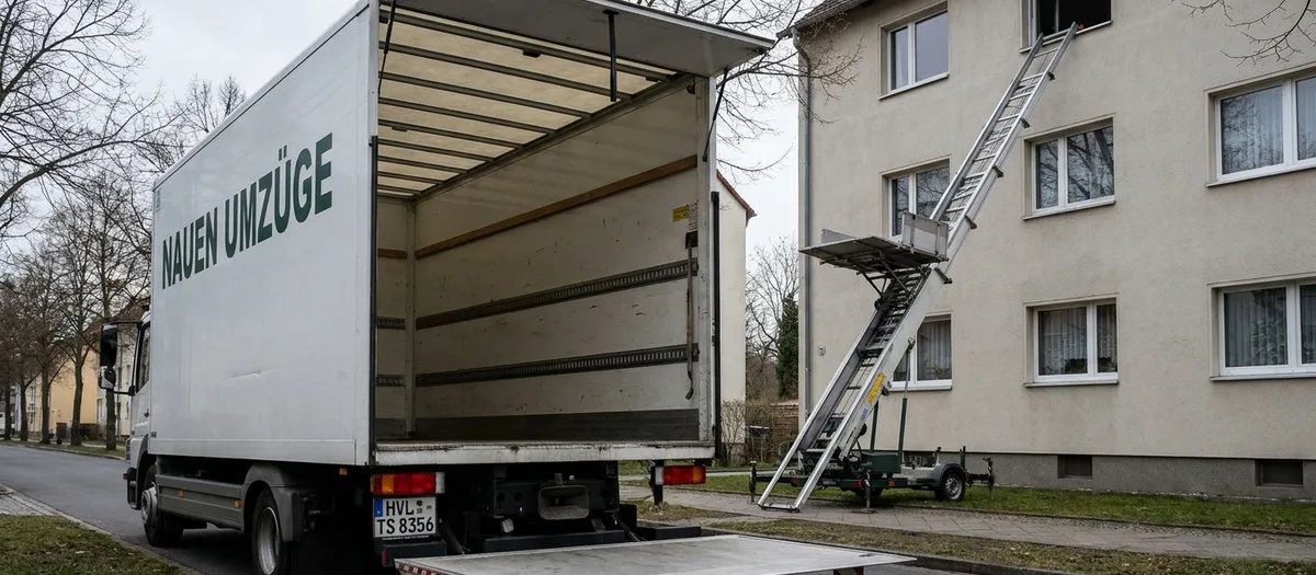Möbellift reicht vom Gehweg bis zu einem Fenster im dritten Stock, davor steht der Umzugswagen mit geöffnetem Heck