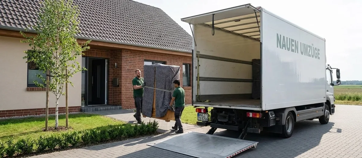 Umzugswagen steht in der Einfahrt eines Einfamilienhauses, Helfer tragen einen Schrank über den gepflasterten Weg