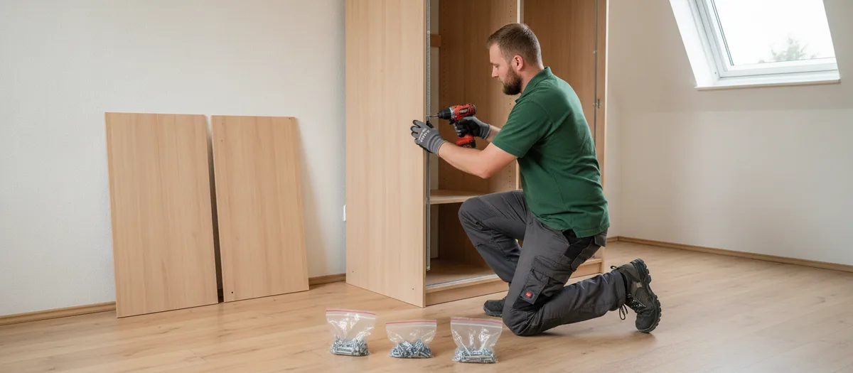 Umzugshelfer schraubt einen Kleiderschrank auseinander, Beschläge liegen in kleinen Beuteln