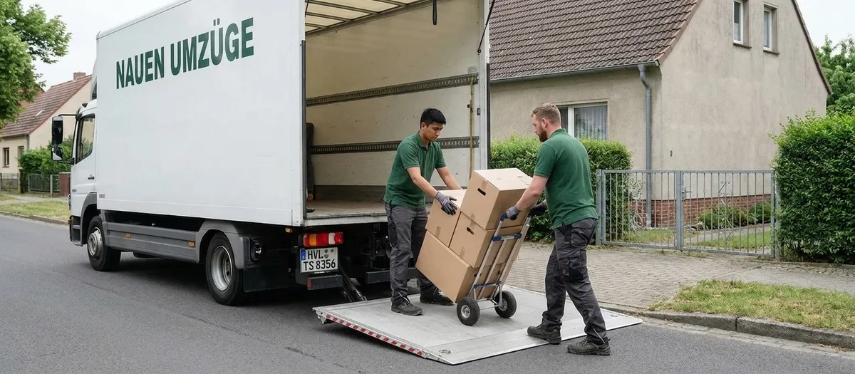 Träger schieben eine mit Kartons beladene Sackkarre über die Ladebordwand in den Umzugswagen