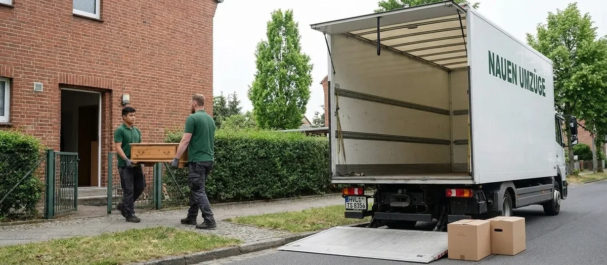 Zwei Umzugshelfer tragen Kartons und eine Kommode aus einem Hauseingang zum Umzugswagen