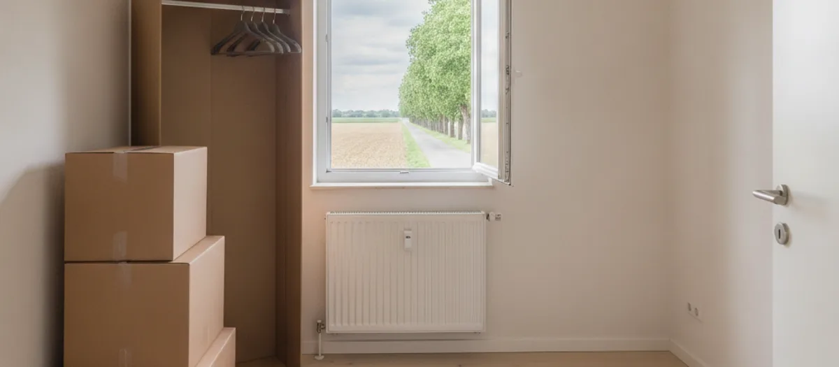 Gestapelte Umzugskartons und ein offener Kleiderkarton mit Stange in einem leergeräumten Zimmer